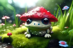 3D close-up of a very cute fluffy plushy chibi plush frog hiding from the rain under a red white spotted mushroom in the forest, puddles in front, grass and violets next to him, 3d effect melting watercolour on wet inked paper, black ink outline in sunshine, ethereal, cinematic postprocessing