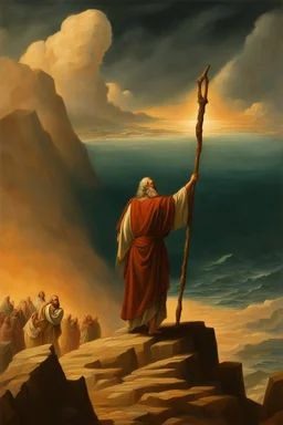 Moses stands on a mountain and holds a crooked wooden staff. Aaron is next to HIM, and there are a lot of Jewish people crossing the sea by land below. There are walls of water on both sides to the right and left of them. There is a silhouette of God in the sky. Everything is painted in oil painting with high-quality drawing of details