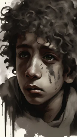 a Palestinian poor boy with curly hair, tears on eyes, holding olive branch, in keffiyeh, torn old dirty clothes, ruined city with flying ash and dust background, art by Wadim Kashin, James Gurney, Alphonse Mucha, Louis Royo, Alberto Seveso, Jeremy Mann and Russ Mills, black and white art, maroon splash and dripping