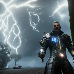 albert einsten, shock, storm, 3d, hiper realism, unreal engine, v-ray, lightning, 8K, BEALTFUL IMAGE. 50mm, apocalipse