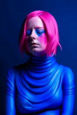 woman face in indigo rubber effect in all body with pink rubber effect hair with closed eyes