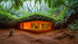 Beneath the surface of a vast underground botanical garden, the house appears as a futuristic and organic creation. The orange-toned base blends into the warm hues of the clay-like soil, while the sharp-edged, glassy upper floor reflects the lush plants growing around. A team of biologists works in a nearby lab, while a curious monkey watches from a branch brushing against the house's windows, mesmerized by the glow of the interior lights.