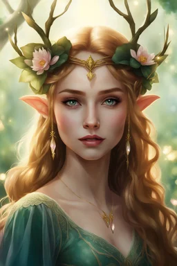 Pointed elven ears,Blonde hair ,Pink dress,Sparkling fairy wings,Very long golden hair,Fairy crown,pointed ears,elven ears,fairy wings,water lilies,sparkling,glittering,flowers,blossoms,golden crown,light pink dress