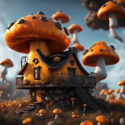 A funny floating mushroom house in space. neutral colors, black orange yellow, Detailed gloss Painting, rich color, fantastical, intricate detail, splash screen, hyperdetailed, insane depth, concept art, 8k resolution, trending on Artstation, Unreal Engine 5, color depth, dynamic lighting, splash art, dramatic, masterpiece, excellent quality beautiful Imaginative, unique,