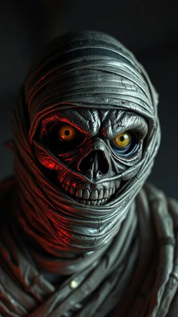 Busch painting style nightmare, a zoomed 3/2 view of the mummy by his face skin is a rusted broken metallic skin texture in a 3d rendering full-height image of a grim and dark scene. Ensure the final images exhibit the utmost quality, encompassing 4K, 8K, and 64K resolutions, with 3D rendering that manifests in photorealistic, hyperrealistic, and highly detailed representations. Employ techniques such as HDR, UHD,