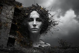 surrealis monochrome A fragmented, surreal sculpture liguid color of photorealistic image 3d,psychedelic art of small a women face glossy emerging from dreamlike a crumbling building. The face appears pale with deep cracks and intricate details, evoking a haunting expression. Blackened tree branches intertwine with the gold mengkilat cracks, set against a backdrop of stormy, cloud-filled skies. bauhaus art The overall tone is dark and moody, suggesting themes of decay and transformation. Include