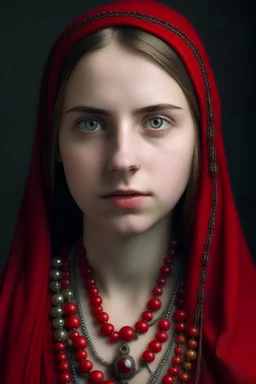 portrait of a young female human life cleric with a necklace of red beads