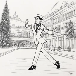 this drawing consists of a single line [la ligne Claire: drawn with a Sharpie marker] fred Astaire iconic dancing scene of Holiday Inn (1942) that introduced the song “White Christmas”