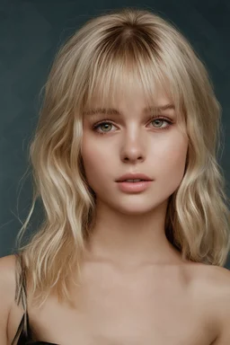 Ima Sukencoch, 14-year-old American actress, photorealistic 4K, cinematic lighting, heart-shaped face, porcelain fair skin with warm undertones, high cheekbones, soft peach blush, large almond hazel eyes flecked with green and amber, long curled lashes, soft arched brows, straight narrow nose with rounded tip, full lips with defined cupid’s bow, long, bleach-blonde hair with bangs mid-back length, voluminous waves, deep side part, slender hourglass frame