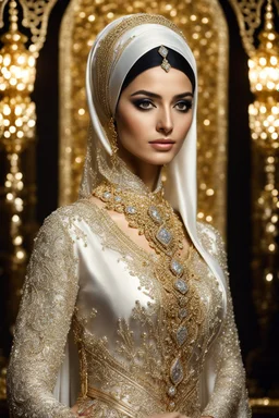 Realistic photography,front view, Beautiful Islamic Iranian super model Iranian Hijab Woman,dressing luxury party gown,looking at viewer,traditional dress ornaments diamonds shapire Luxury gown Persian traditional, intricate, delicate golden shine bright, black metalic parts, detailed part, jewelry diamonds,dynamic pose,luxury golden background, dynamic lighting, red hour,half body portrait,luxury background