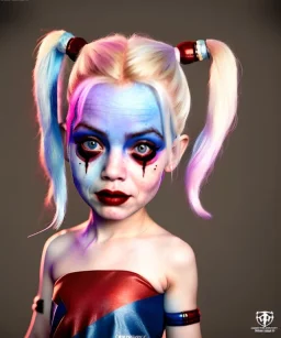 Harley quinn toddler, full body, soft skin, dramatic lighting, hyper realistic