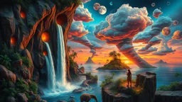 the waterfall is full of holes with various jungle flowing spiral cloud neon colorful Unique open cliff burning ripped surrealistic artwork with shiny shackled by cliff and sea island, while holding a waterfall doing pulling, the open cavity inside the body is a scene of an ancient Egyptian painting in the Gesang desert 5D diorama, with seven open panels on the revealing a forest with a thousand shadows, giving a triple exposure effect on a Balinese girl and her neck cavity, with a background in