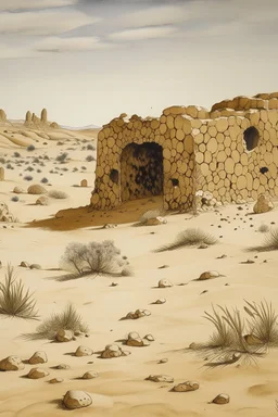 A brown rocky desert with holes designed in Chinese paper art painted by Maurice Utrillo