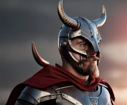 Superhero, bullseye mask, horns, cape, viking shield, jellyfishsombrero, metal, steel hands, strong, chest plate, gloves, pauldrons, pressurized boots, radium, sleeved, muscular, mustache