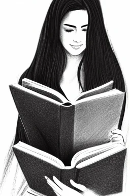 Pencil sketch of Young woman, Arab features, long wavy hair, reading a book, full body، on lined paper