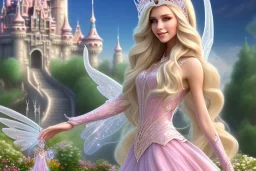 castle in background, beautiful, soft, big smiling, straight and long blonde hair, dewy and shiny atmosphere, diamond crown, long fairy wings in the back, full head, pink veil clothes