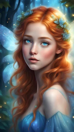 Create a breathtaking digital painting portraying a beautiful and enchanting fairy girl with shiny ginger hair, lovely bright blue eyes, and a captivatingly pretty face. She should be wearing a dress that shines and twinkles with ethereal light, presented in a front view. Surround the character with a magical forest aglow with brilliant night and twinkling lights. Infuse the artwork with an array of vivid and colorful tones, aiming to produce a masterpiece of extraordinary beauty and the highest