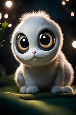 An image of an alien, a small, white, and furry creature with a big head and large eyes. The overall impression is that of a cute and friendly creature, possibly from a distant planet or a fictional world. Cinematic lighting, Volumetric lighting, Epic composition, Photorealism, Bokeh blur, Very high detail, Sony Alpha α7, ISO1900, Character design, Unreal Engine, Octane render, HDR, Subsurface scattering