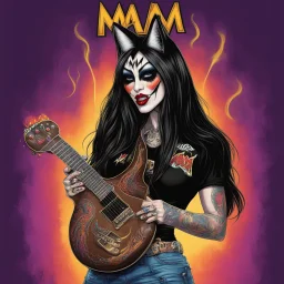 metalhead woman long dark hair in KISS makeup and heavy metal tour T-shirt carrying chocolate birthday cake shaped like a guitar, text "MAM", candles, by Wes Benscoter and Greg Rutkowski, digital art, colorful, quirky, KISS cat makeup