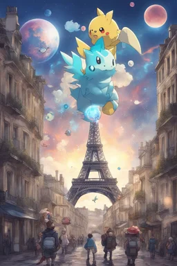 Mashup Pokemon city, Paris, Lisbon, futurepunk, fantasy, celestial