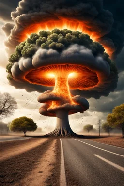 nuclear explosion's mushroom cloud that looks like a tree, with energy lines radiating outward but behind, many leaves falling, ground is dirt and scorched with a road coming towards, angelic fantastic lighting