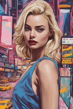 GTA V Margot Elise Robbie Pop Art psychology oil paiting In depth psychology display Roy Fox Lichtenstein style, dream, symptom, image in the background in the city artgerm display Gustav Klimt style artgerm display in the Miami Vice the 2024th century oil paiting. and the city itself seemed like a big illusion, full of light and shadows GTA V Miami Vice city the 2024th century