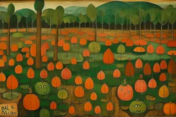 A swamp filled with pumpkins painted by Paul Klee