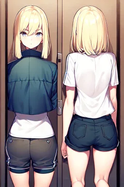 blonde girl with short jacket and shorts runs in a corridor, back view, line arts, manga style