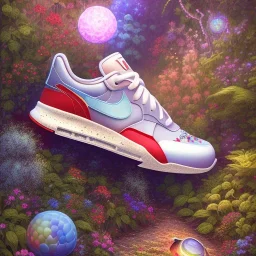 pixar style, volumetric summer garden environment and background, hyper realistic painting of best 3d puffer Nike sneaker, looking excited, volumetric lighting, dramatic lighting, detailed digital painting, anime, ornate, colour-saturated colors, chaotic, small minutiae, tiny features, particulars, centered, smooth, sharp focus, renderman gofur render, 8k, uhd, detailed eyes, realistic shaded volumetric lighting, sunlight caustics, backlight, centered camera view