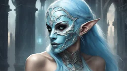 urban fantasy, woman, elf, skull mask, light-blue skin color