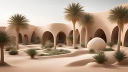 In the desert a garden made of organic simplicity, Al-Ahsa, Saudi Arabia, pieces inspired by Al-Ahsa's plaster sculptures, palm trees, and a captivating landscape