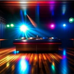 Dance hall ,dj play ,laser lights, disco ball, beard DJ play music with DJ desk, photorealism