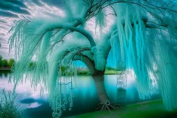 aquamarine gems, clouds, willow tree, photography