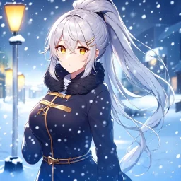 girl, masterpiece, best quality, cinematic lighting, detailed outfit, perfect eyes, silver hair, long hair, vibrant golden eyes, ponytail, messy hair, snowing, winter outfit, hairclip,