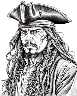 Jack Sparrow Portrait: Create a detailed coloring page featuring the iconic character Jack Sparrow. Ensure intricate details in his clothing, accessories, and facial features for an engaging coloring experience.