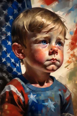 an expressive painting of a boy painting, with American flag in the background, we might see a companion with features of absolute strength and determination, blended with warmth and deep faith. Perhaps his face expresses wisdom and courage, with eyes radiating confidence and faith.