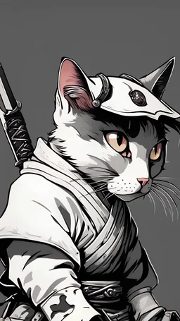 I want a wallpaper, with a black and white cat, one eye is missing and scarred, I want the cat to be a murderous samurai, with a humanoid posture and looking straight ahead. I want you to hold the head of a decapitated mouse in your hand.he only has one eye