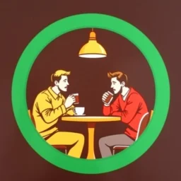 A circular logo with a distinctive green border color, in the center of which are two male friends sitting around a table drinking coffee, and the cafe light above the table is on.
