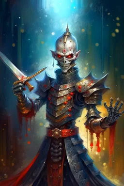 book illustration, oil painting portrait of slightly knightly smirking robot vampire holding magical throwing knife, bokeh , high detail, smooth render, prize winning