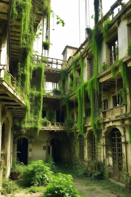 skeletal derelict buildings with hanging plants and vines, with mushrooms on the walls