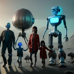 Ultra Realistic home family portrait. father. mother. daughter. alien pet. assistant robot. retro futuristic style. smile, happy. highly detailed, concept art, unreal engine 5, ray tracing, RTX, lumen lighting, ultra detail, volumetric lighting, 3d, finely drawn, high definition, high resolution.