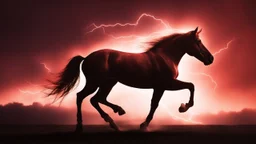full silhouette of a horse rearing up(on Right side, outlined by lighting), plus red sky with lightning bolt of electricity traveling (from top right to bottom left), speed force