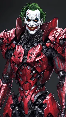 a joker in cybernetic armor, ultra detalhado, cor vermelho . ::n_ desenho, Imperfection, baixa qualidade, boneco, jogo, realistic, full body ,assinatura
