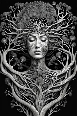 abstract illustration of a fractal inspired driftwood sculpture of a beautiful lady, dark and dry branches, harmony, holding a dandelion, intricately detailed, beautypunk, black and white, closed eyes, etheral, the smell of the hope, Style: isometric