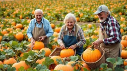 Elderly pensioners harvesting pumpkins from the field. There are acres of pumpkin plants with lots of ripe pumpkins. Everyone is happy. Photographic quality and detail, award-winning image, beautiful composition.