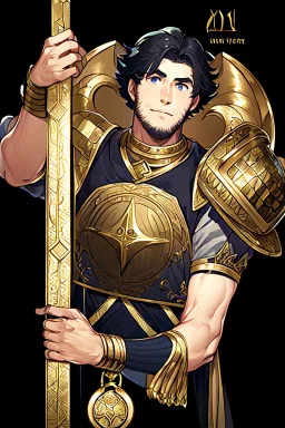 A handsome 30 year old knight, black hair, dark blue eyes, shaggy haircut, in black-and-gold plate armor, no beard, european, portrait