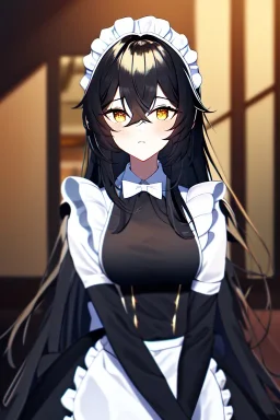 girl, masterpiece, best quality, cinematic lighting, detailed outfit, vibrant colors, perfect eyes, golden eyes, long hair, black hair, messy hair, hair between eyes, indoors, depth of field, ray tracing, maid outfit,