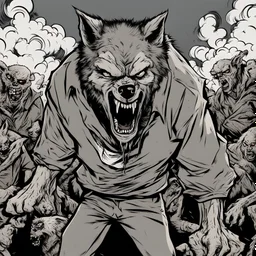 one wolf, angry, zombie, comic book, ,