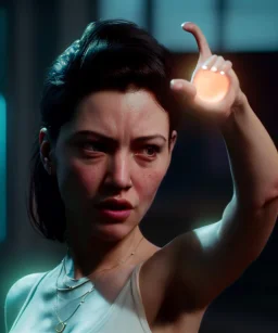 Ultra Realistic image, photo studio, medium shot view, a woman making the fuck off gesture, soft color, highly detailed, unreal engine 5, ray tracing, RTX, lumen lighting, ultra detail, volumetric lighting, finely drawn, high definition, high resolution.