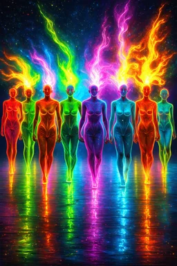 walk with truth in world of illusion; Post-Impressionistic, dynamic, surrealism depicting 8 identical beings with different colored neon auras swaying in unison
